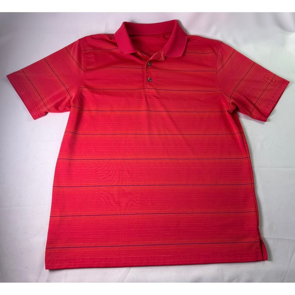 PGA Tour Mens Striped Performance Golf Polo Shirt Red Orange Short Sleeve L